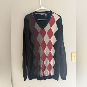 Claiborne V Neck Sweater Mens SZ XL Pullover Long Sleeve Argyle Black Cotton